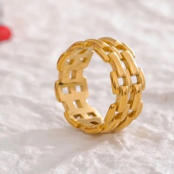 #35 New Gold Geometric Wide Band Ring - Picture 11 of 14